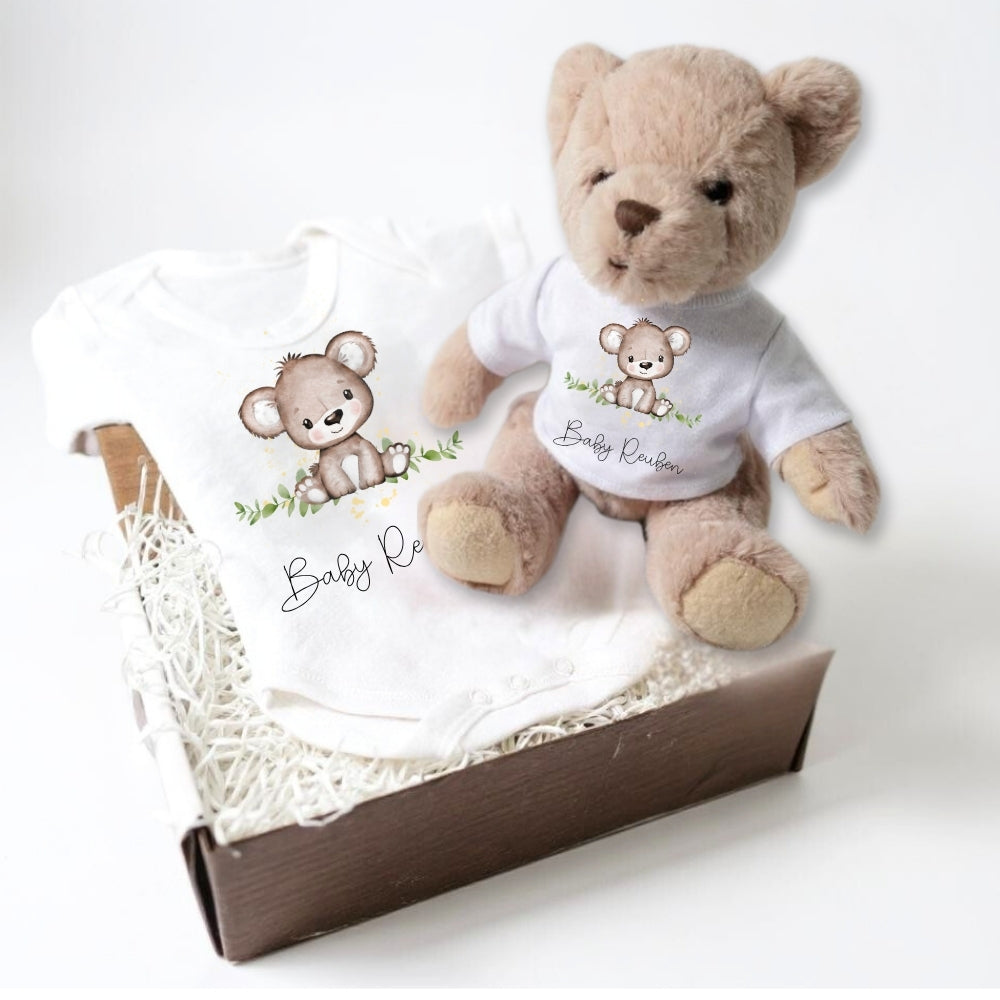 Personalised Bear Baby Gift Hamper - Teddy & Baby Vest