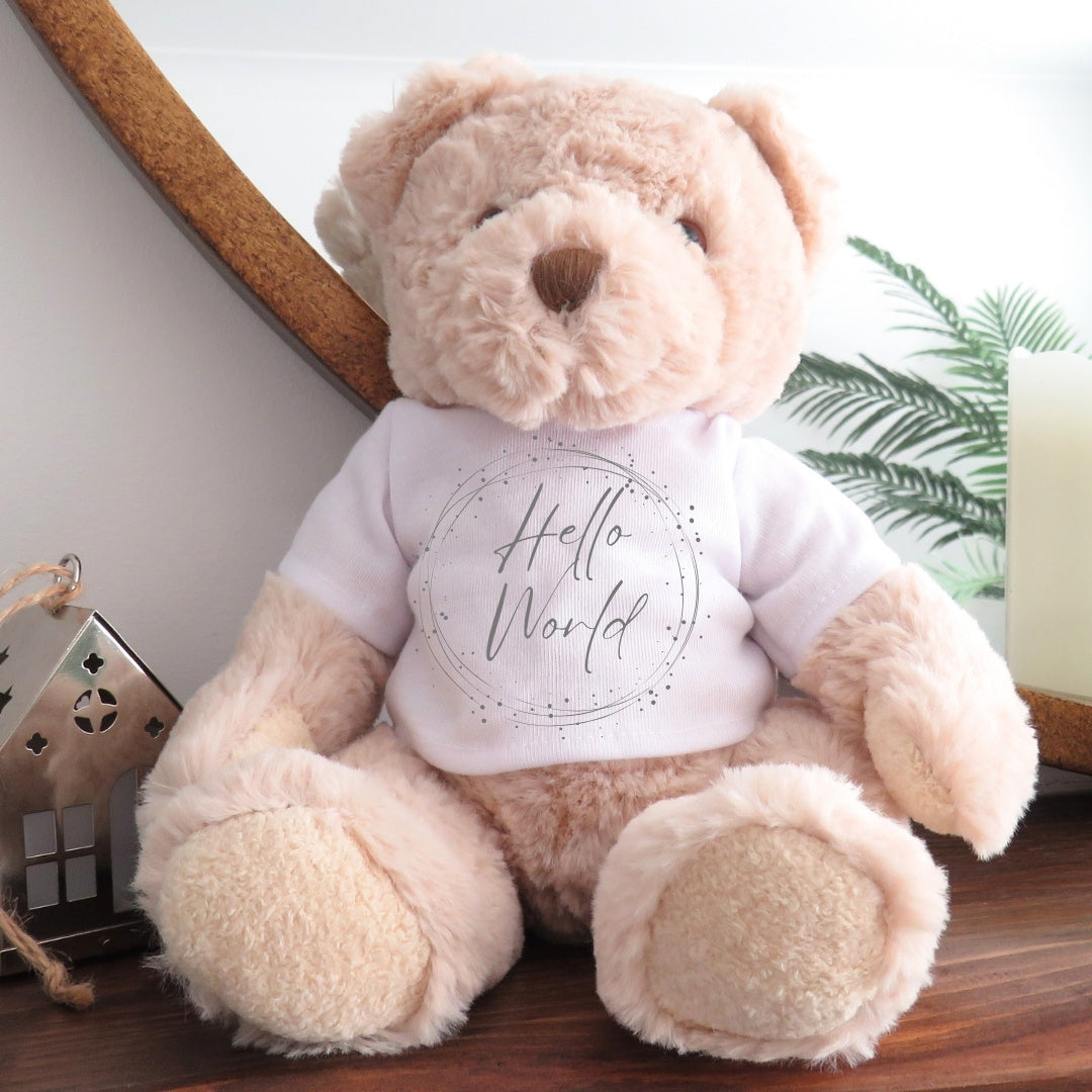 Personalised Luxury Teddy Bear with Hello World Silver Circle T-Shirt