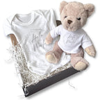 Personalised Hello World Silver Circle Gift Hamper - Teddy & Baby Vest