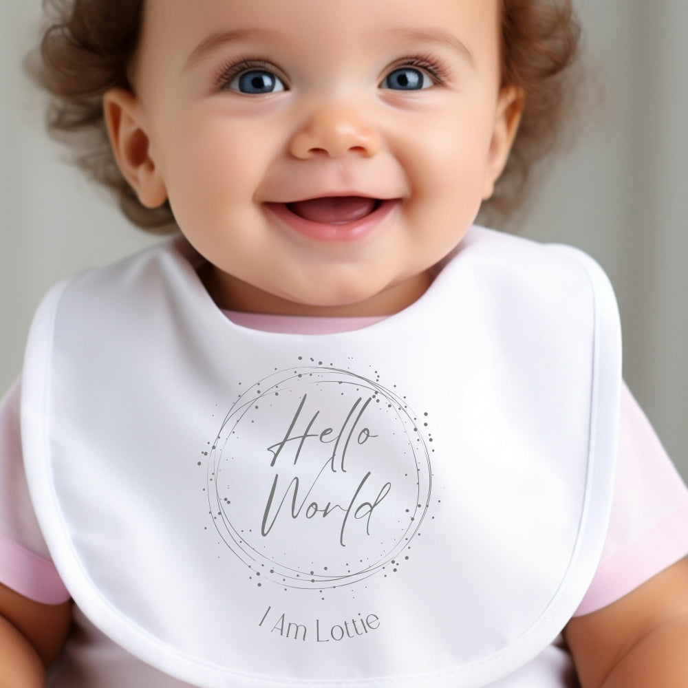 Personalised Hello World Circle Baby Outfit: Bib, Vest, Baby Grow