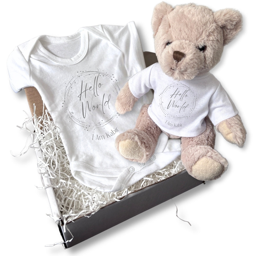 Personalised Hello World Silver Circle Gift Hamper - Teddy & Baby Vest