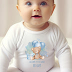 Personalised Blue Balloon a& Teddy Baby Outfit: Bib, Vest, Baby Grow