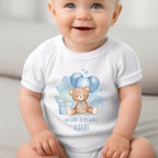 Personalised Blue Balloon a& Teddy Baby Outfit: Bib, Vest, Baby Grow