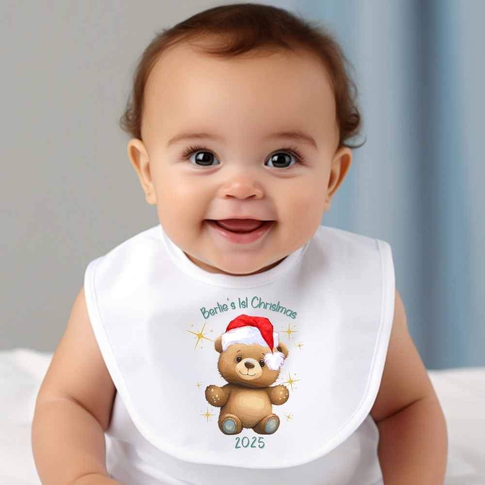 Personalised Happy 1st Christmas Teddy Baby Outfit: Bib, Vest, Grow