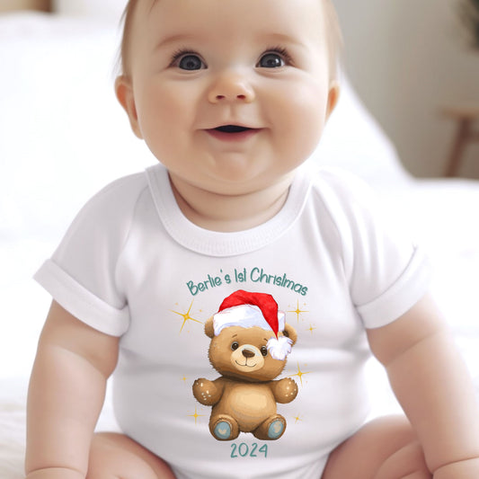 Personalised Happy 1st Christmas Teddy Baby Vest