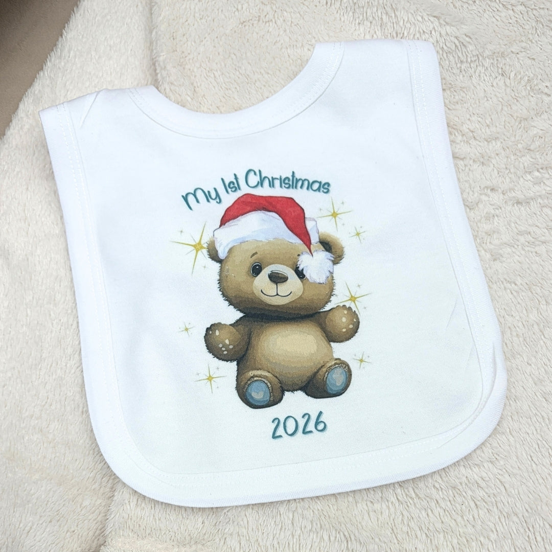 Personalised 1st Christmas Teddy Baby Vest, Babygrow or Bib, Newborn Xmas Gift