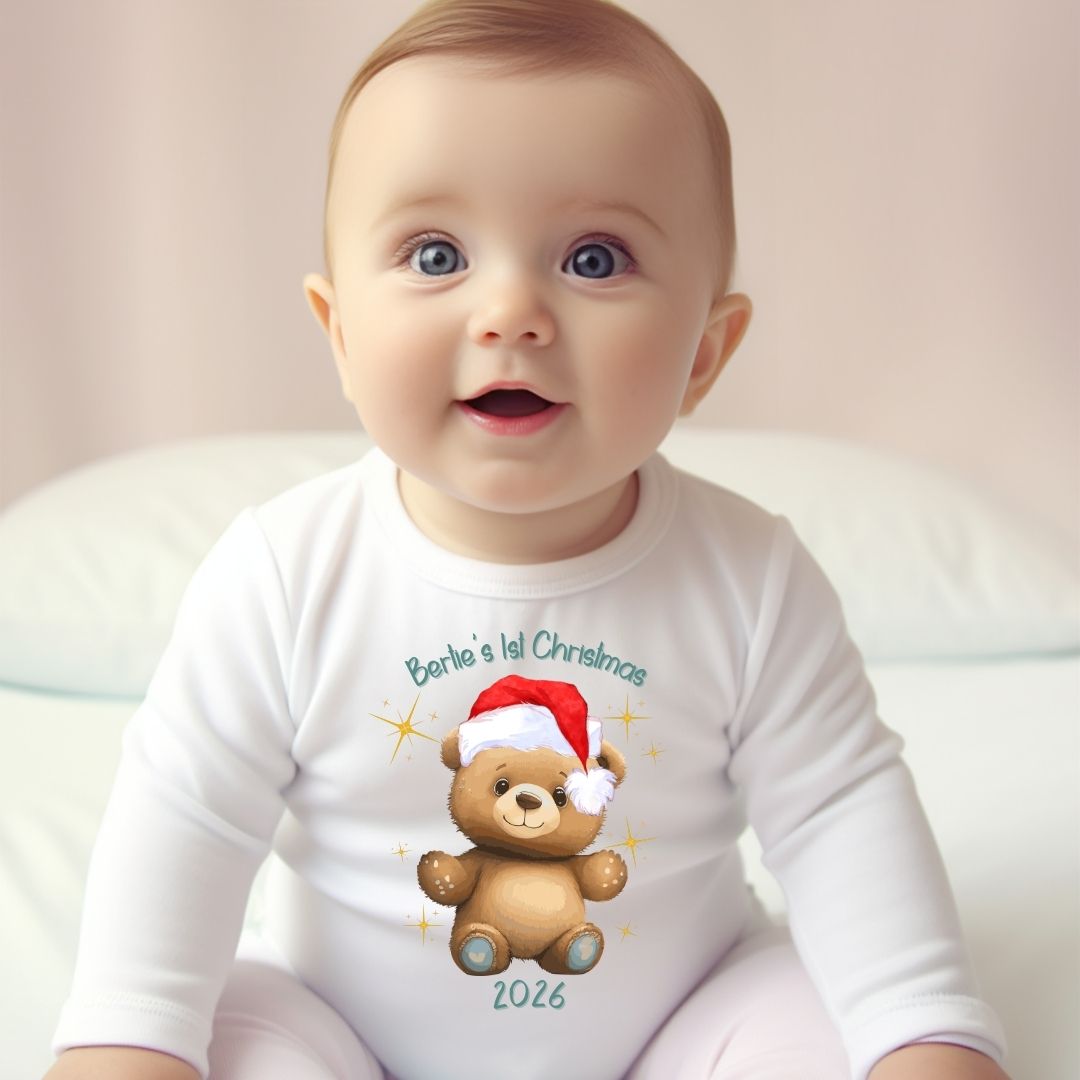 Personalised 1st Christmas Teddy Baby Vest, Babygrow or Bib, Newborn Xmas Gift