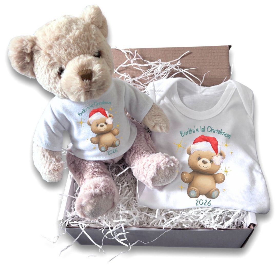 Personalised 1st Christmas Baby Gift Box, Teddy Bear & Baby Outfit