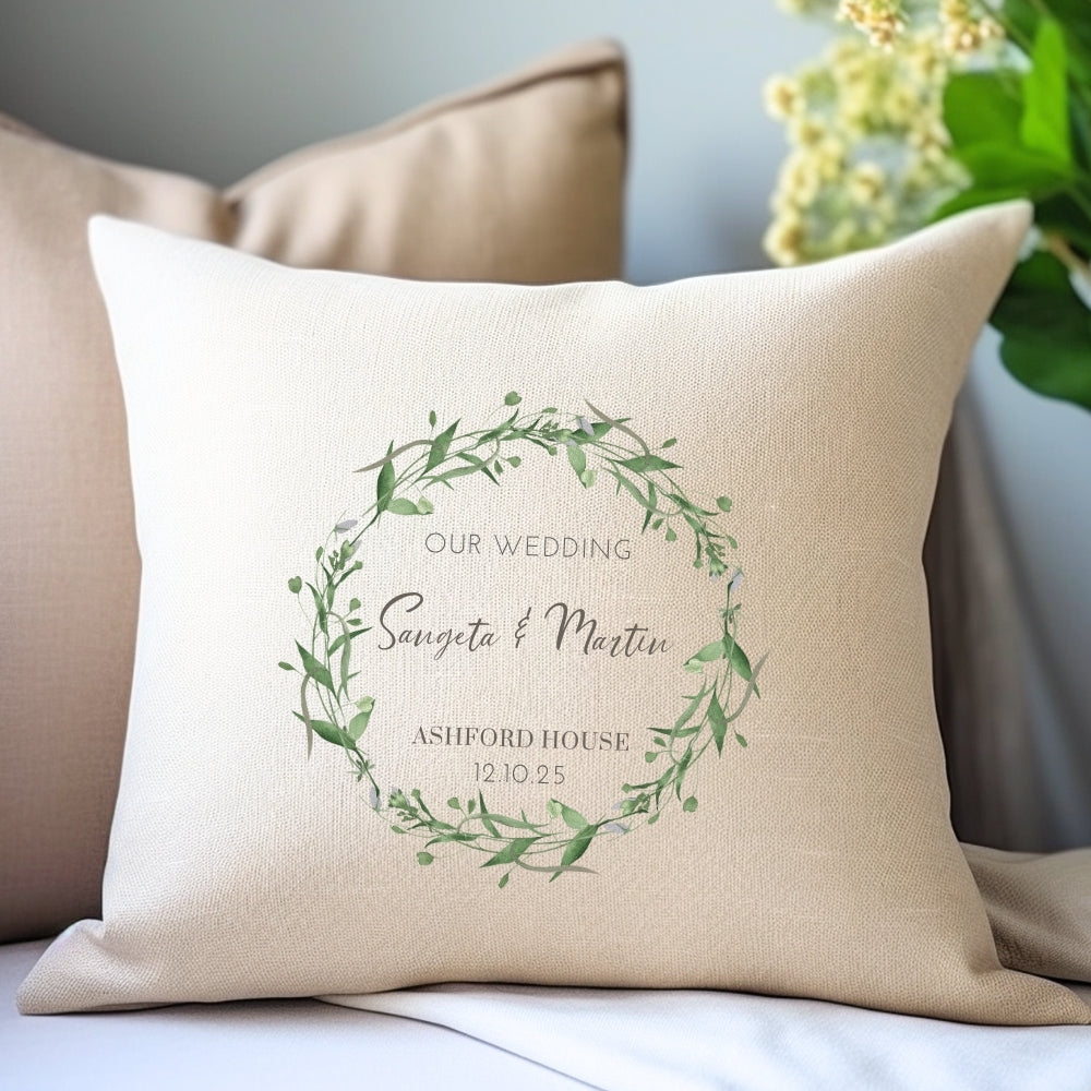 Personalised Green Floral Wedding Cushion | Gift For The Bride and Groom