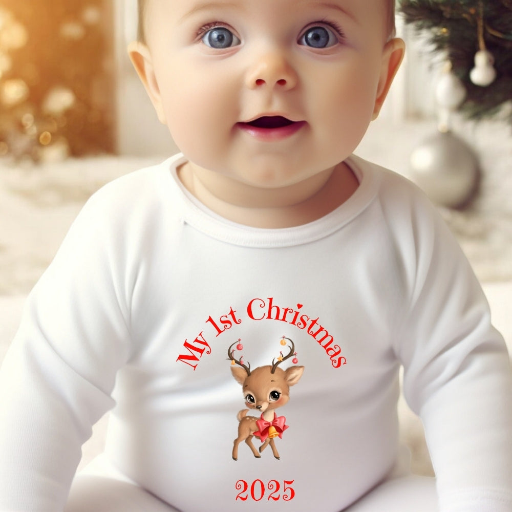 Personalised 1st Christmas Reindeer Baby Outfit: Bib, Vest, Grow