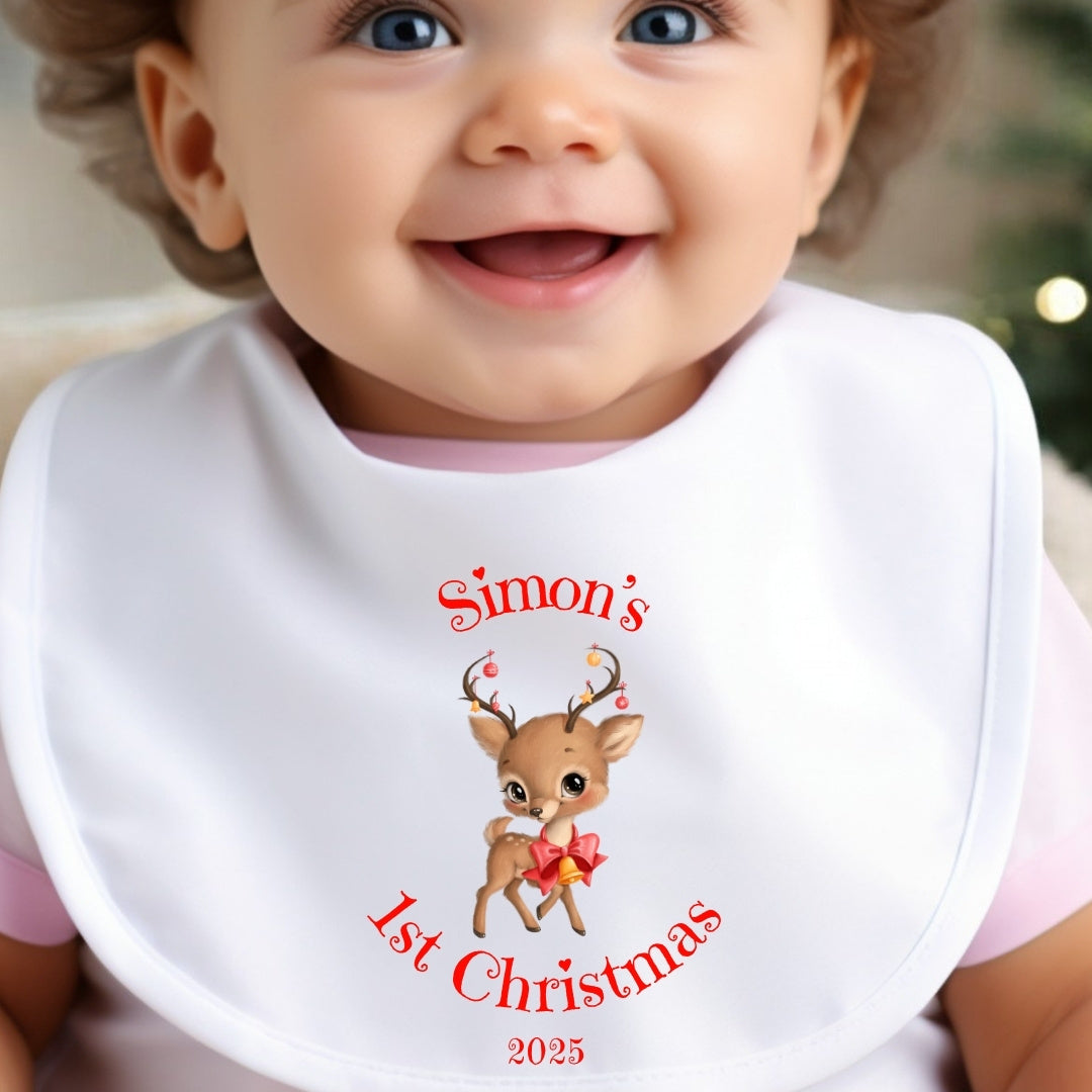 Personalised 1st Christmas Reindeer Baby Outfit: Bib, Vest, Grow