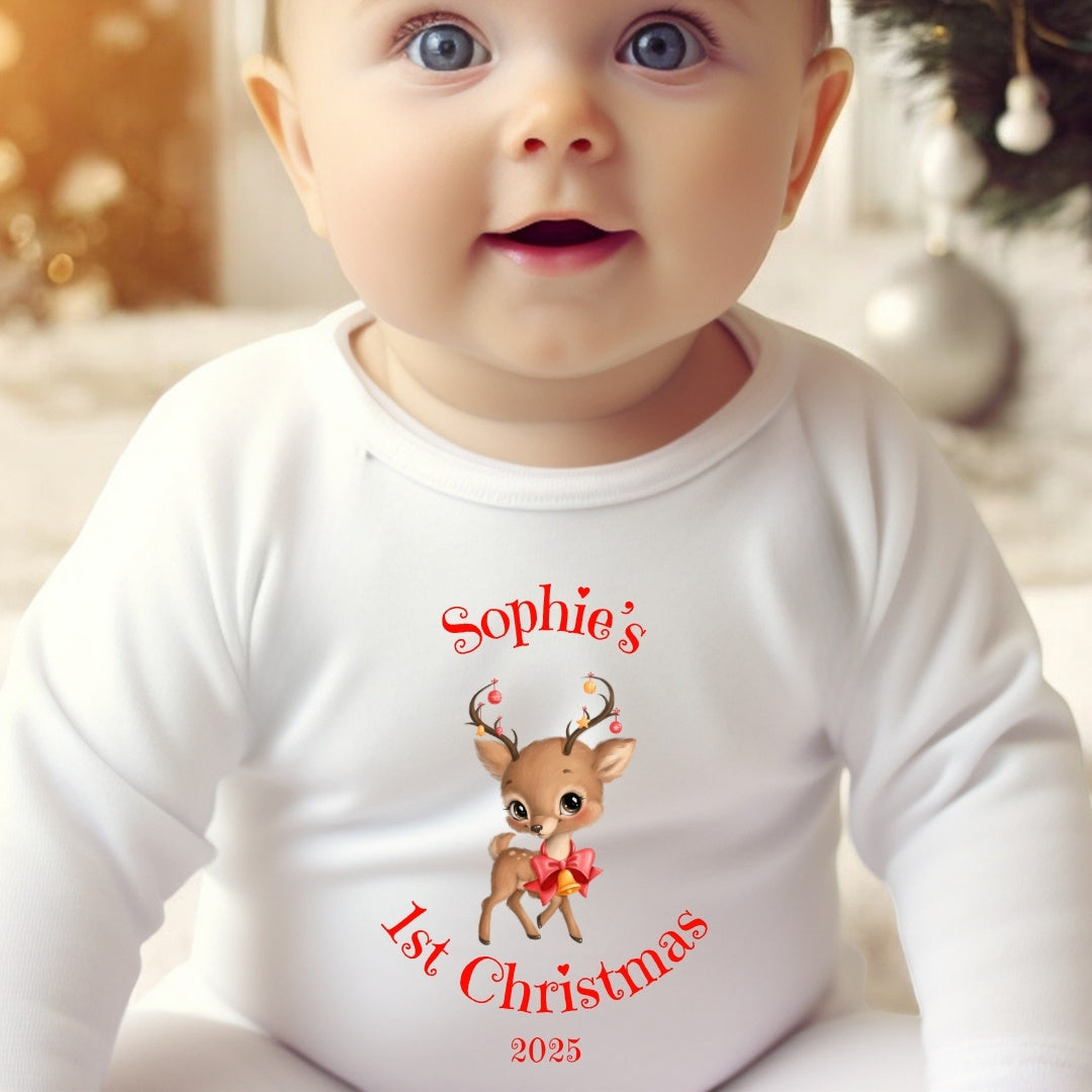 Personalised 1st Christmas Reindeer Baby Outfit: Bib, Vest, Grow