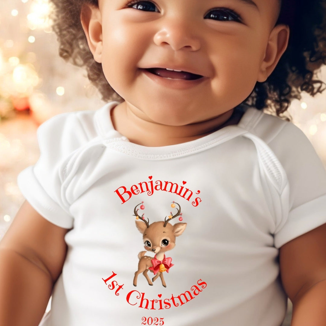 Personalised 1st Christmas Reindeer Baby Outfit: Bib, Vest, Grow