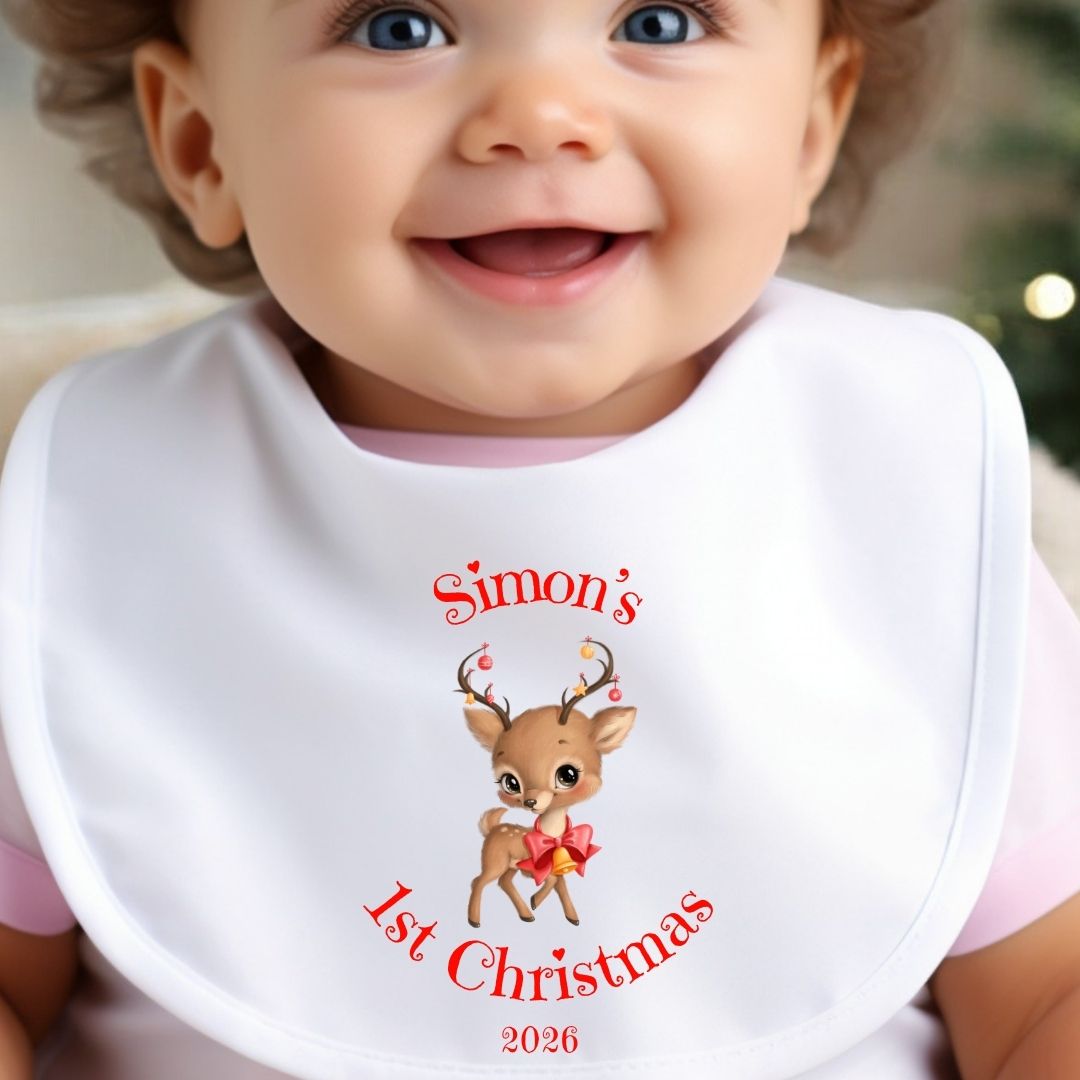 Personalised 1st Christmas Reindeer Baby Vest, Babygrow or Bib, Newborn Xmas Gift