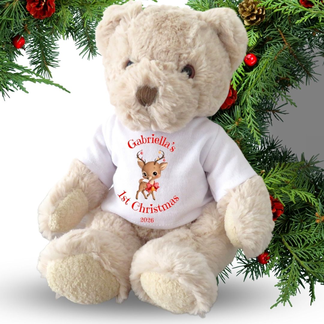 Personalised 1st Christmas Reindeer Baby Gift Box, Teddy, Vest & Keepsake