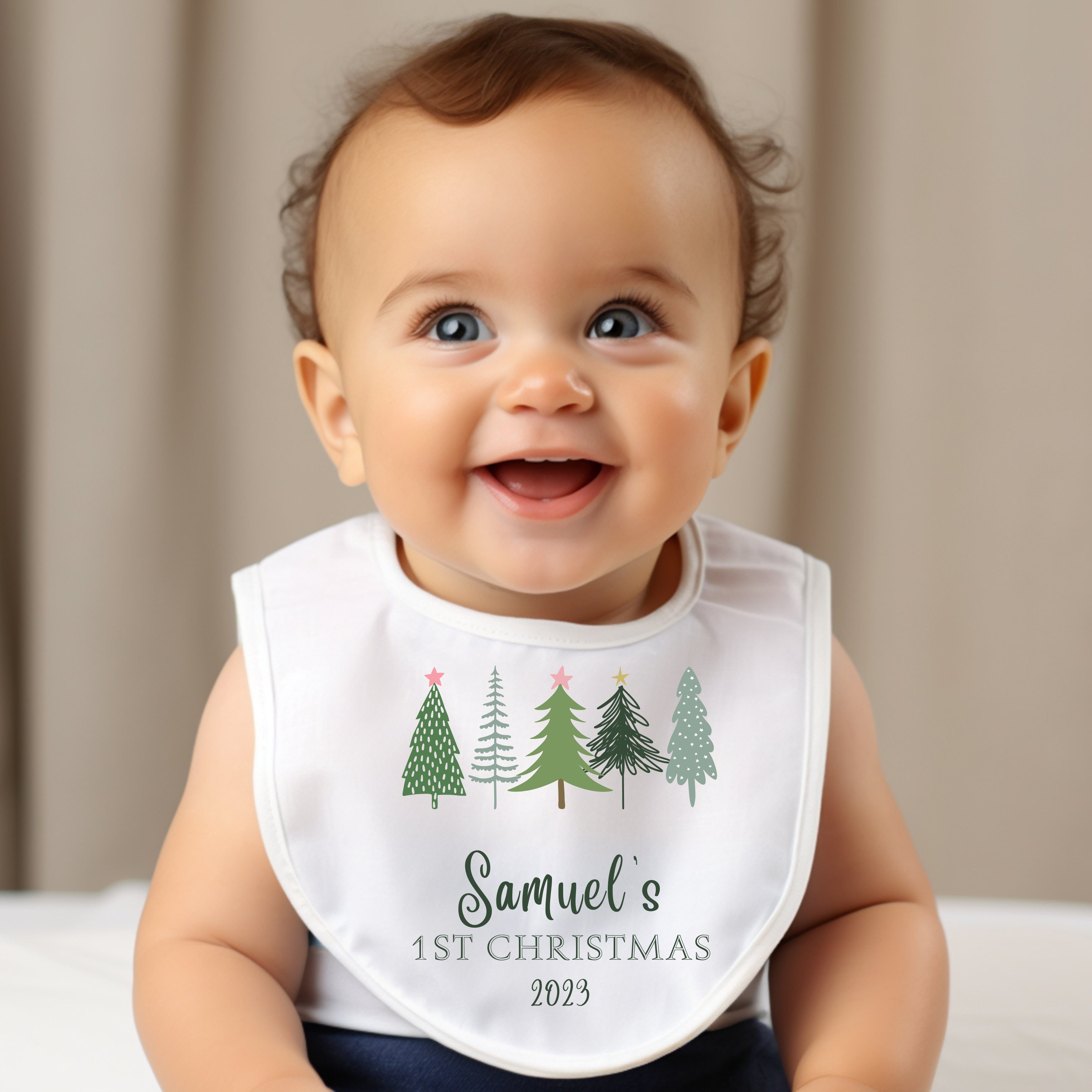 Personalised 1st Christmas Fir Tree Babygrow | Name Vest or Bib UK