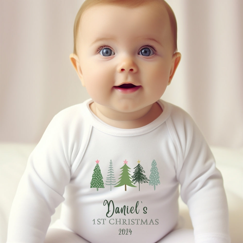 Personalised 1st Christmas Fir Tree Babygrow | Name Vest or Bib UK