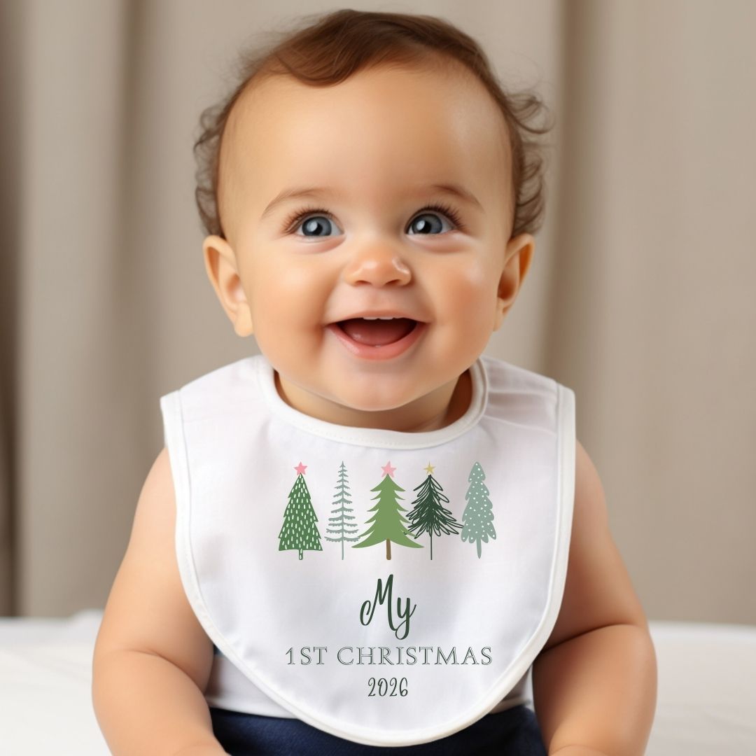 Personalised 1st Christmas Fir Tree Babygrow | Name Vest or Bib UK