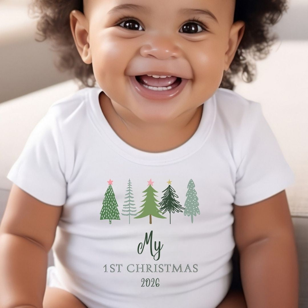 Personalised 1st Christmas Fir Tree Babygrow | Name Vest or Bib UK