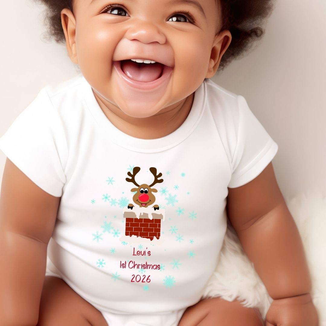 Personalised 1st Christmas Rudolph Baby Vest, Babygrow or Bib, Newborn Xmas Gift