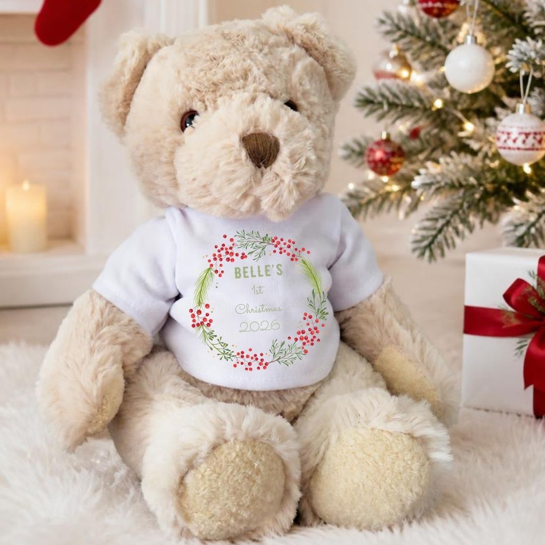 Personalised 1st Christmas Teddy Bear, Berry Wreath Baby First Christmas Gift Keepsake