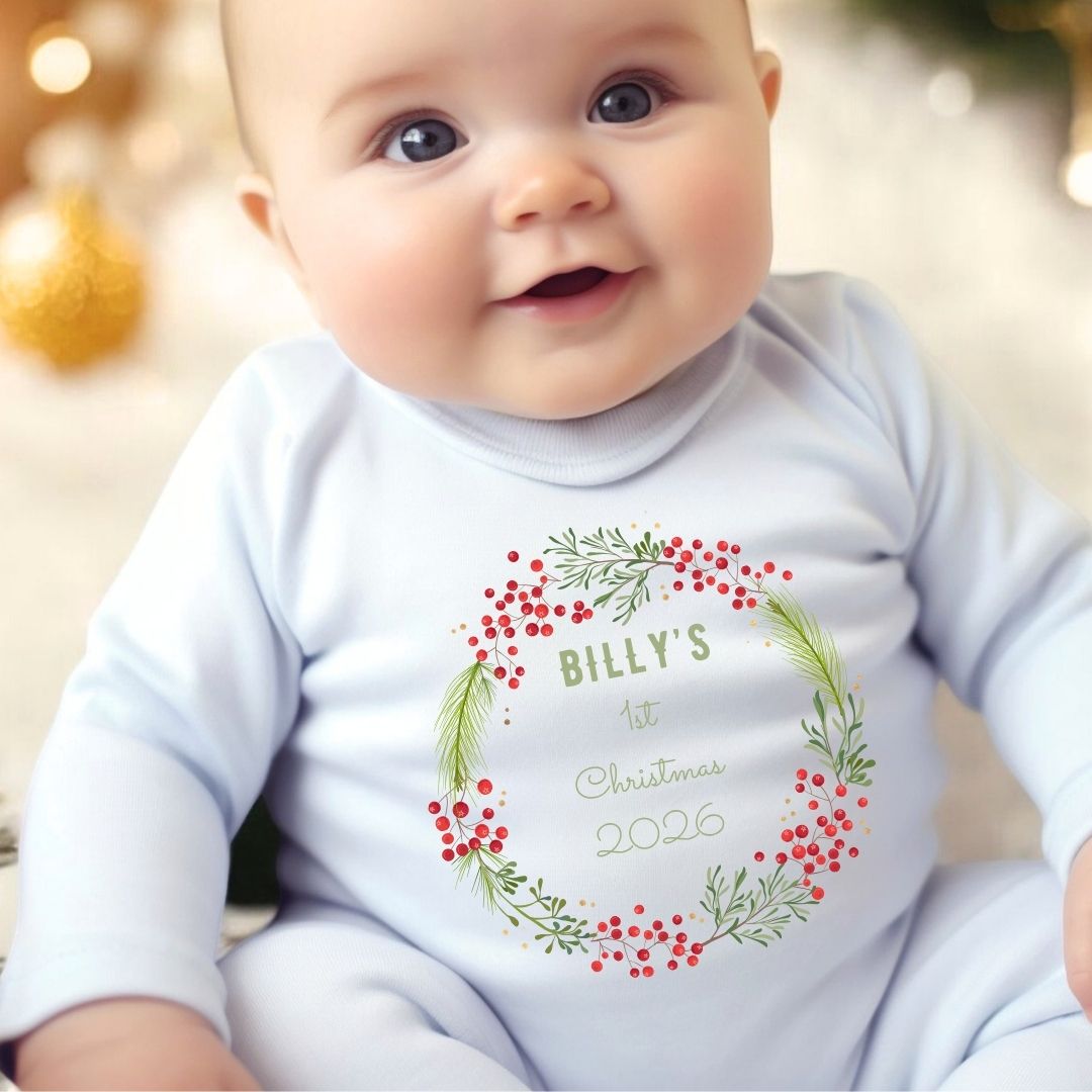 Personalised 1st Christmas Berry Wreath Baby Vest, Babygrow or Bib, Newborn Gift