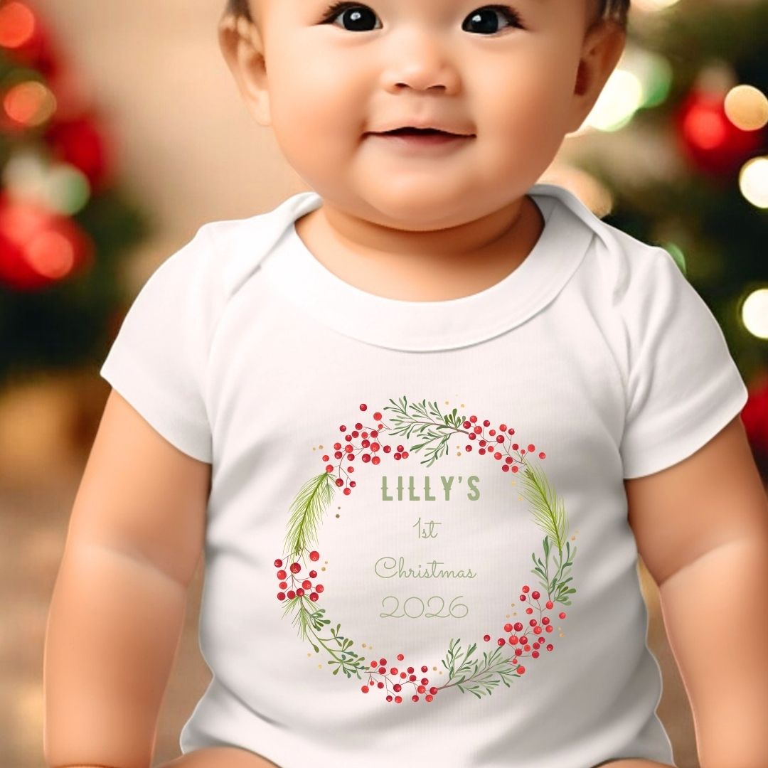 Personalised 1st Christmas Berry Wreath Baby Vest, Babygrow or Bib, Newborn Gift