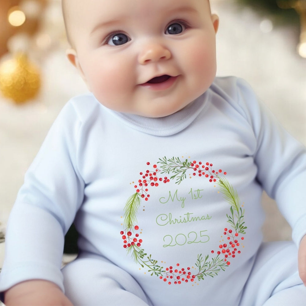 Personalised 1st Christmas Berry Baby Outfit: Bib, Vest, Baby Grow