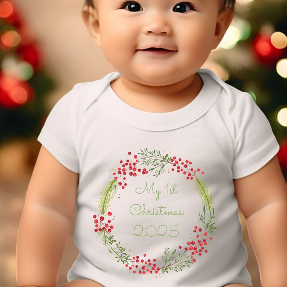 Personalised 1st Christmas Berry Baby Outfit: Bib, Vest, Baby Grow