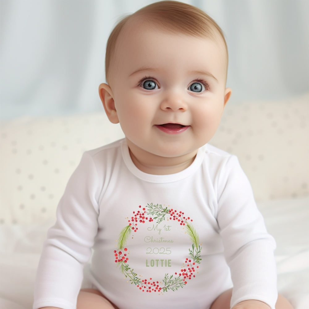 Personalised 1st Christmas Berry Baby Outfit: Bib, Vest, Baby Grow