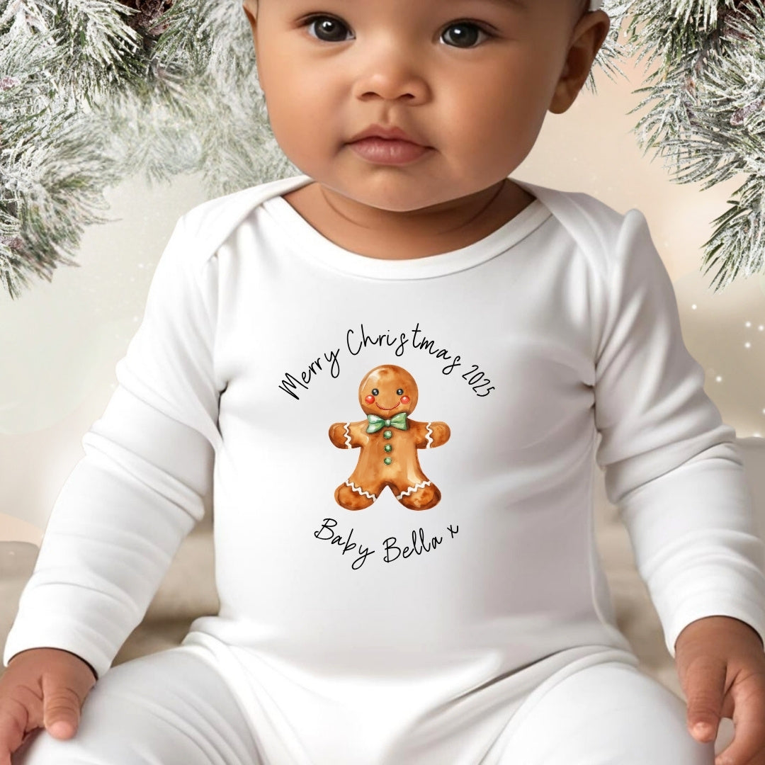 Personalised Christmas Gingerbread Man Baby Outfit: Bib, Vest, Grow