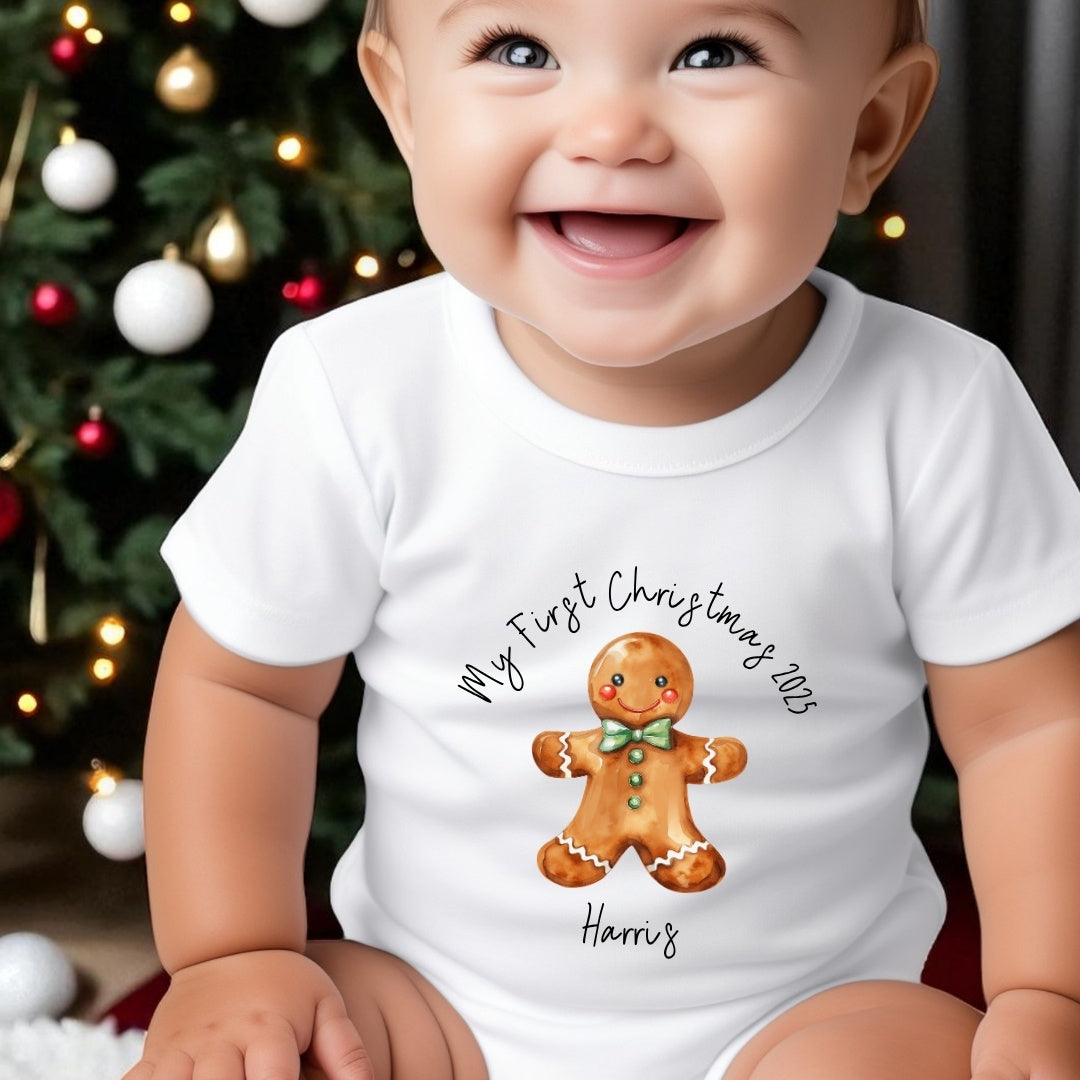Personalised Christmas Gingerbread Man Baby Outfit: Bib, Vest, Grow
