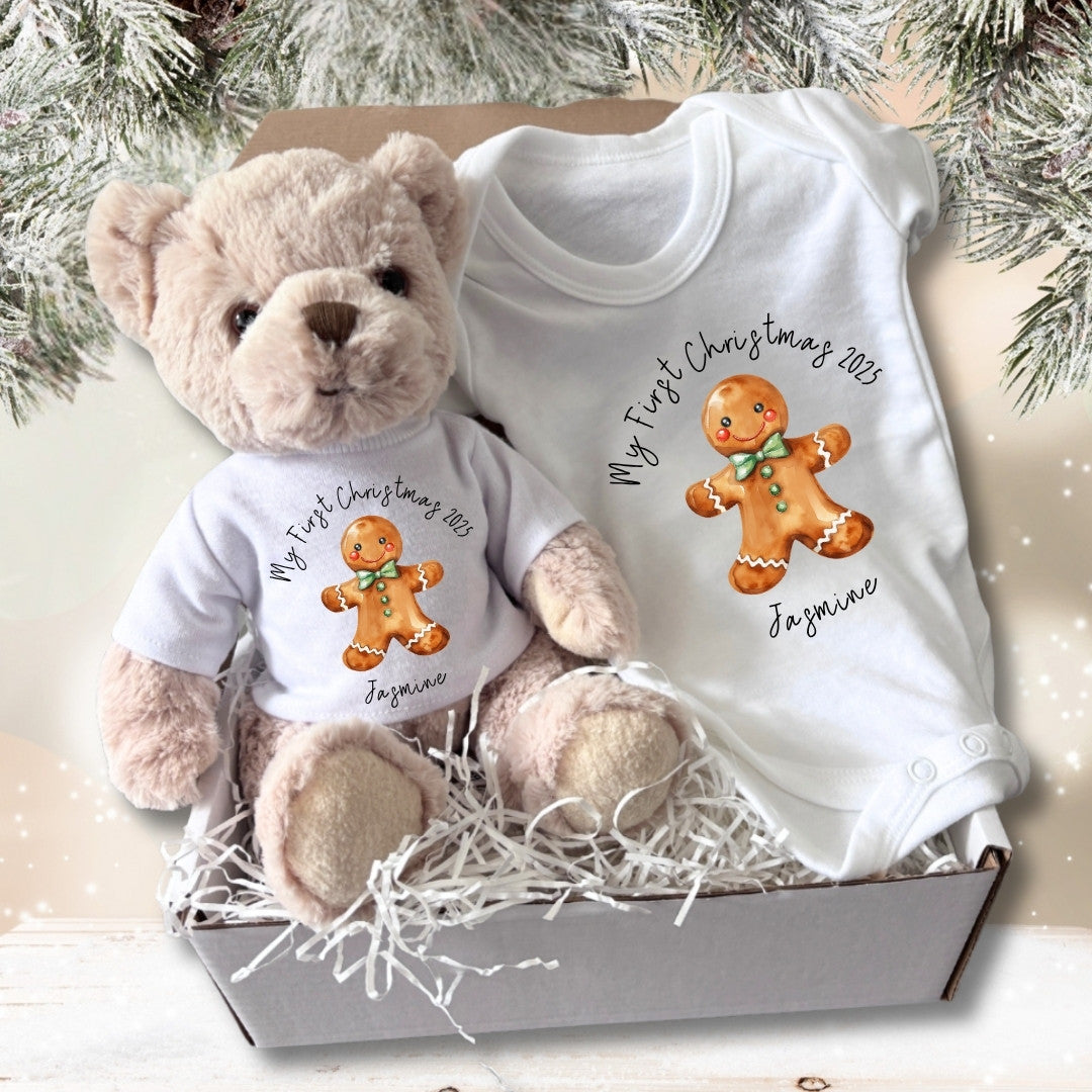 Personalised Christmas Gingerbread Man Hamper - Teddy & Baby Vest