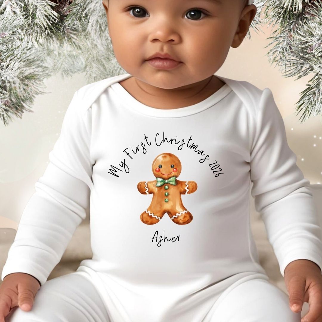 Personalised Christmas Gingerbread Baby Vest, Babygrow or Bib, Newborn Xmas Gift