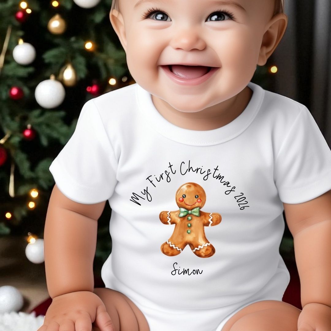 Personalised 1st Christmas Gingerbread Baby Gift Box, Teddy & Baby Outfit