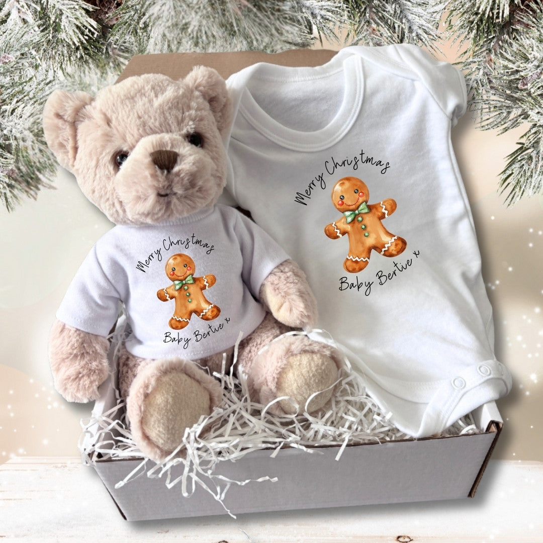 Personalised Christmas Gingerbread Man Hamper - Teddy & Baby Vest