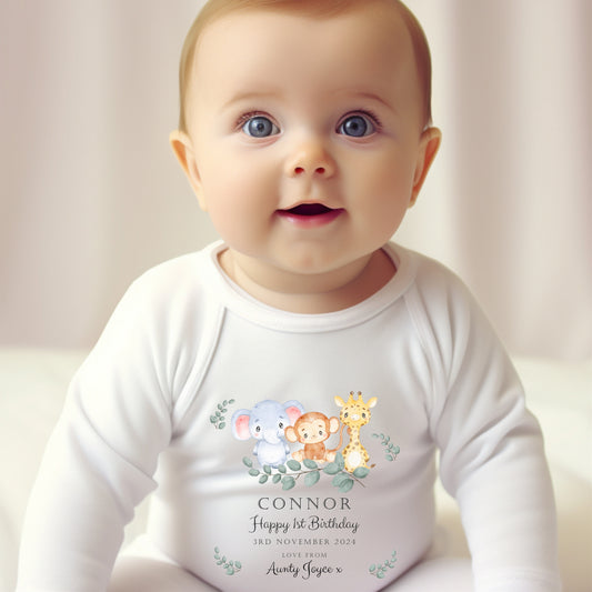 Personalised Animals Boys Birthday Baby Grow