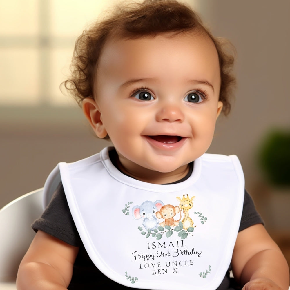 Personalised Animals Boys Birthday Baby Outfit: Bib, Vest, Grow