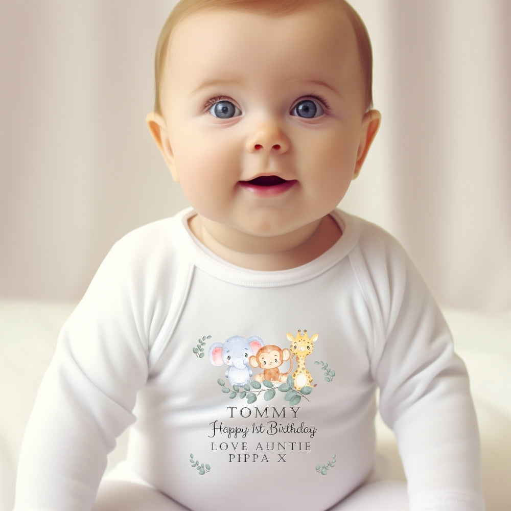 Personalised Animals Boys Birthday Baby Outfit: Bib, Vest, Grow