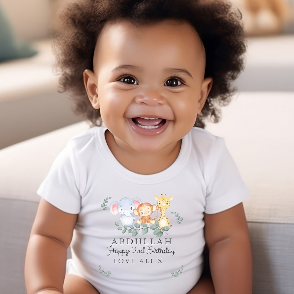 Personalised Animals Boys Birthday Baby Outfit: Bib, Vest, Grow