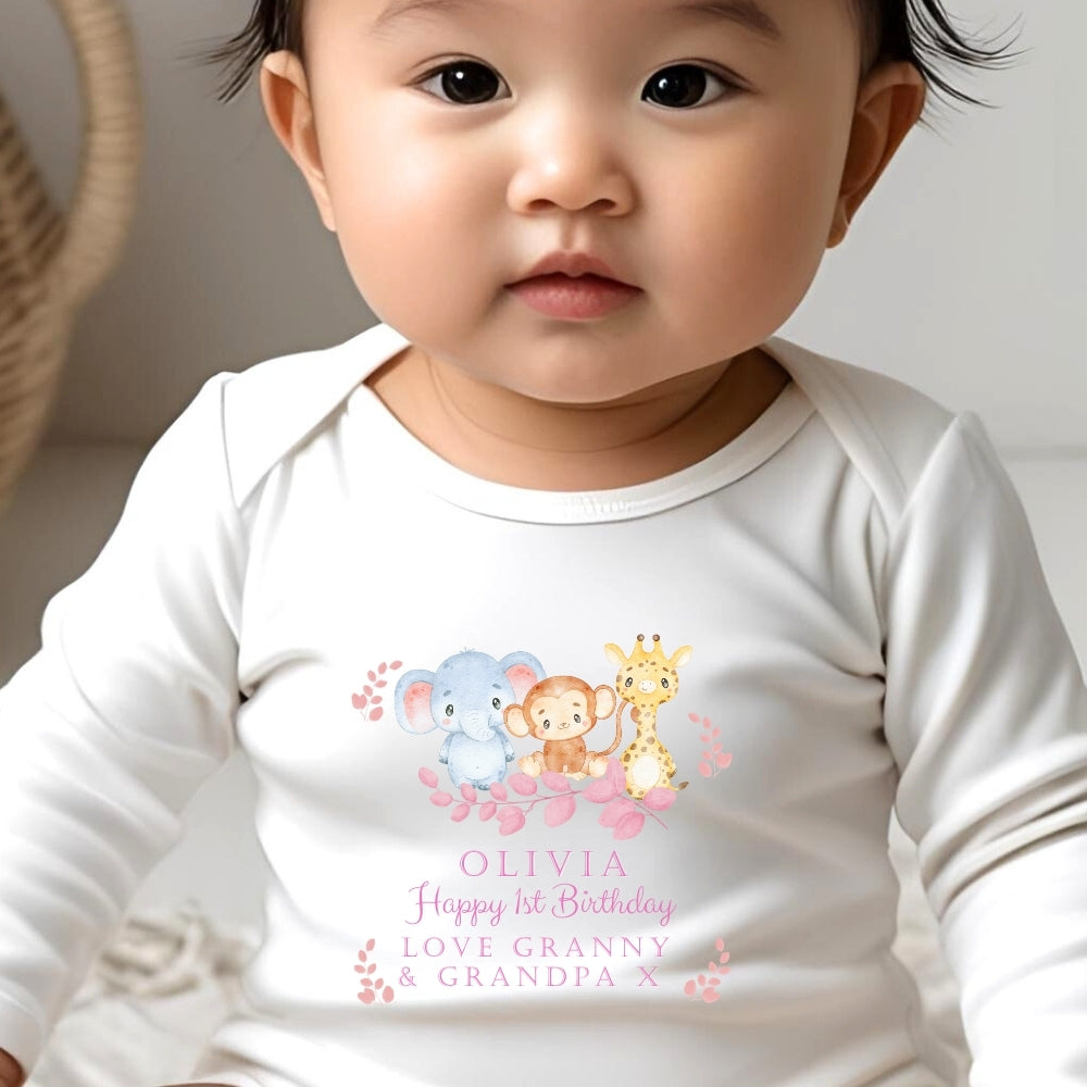 Personalised Animals Girls Birthday Baby Outfit: Bib, Vest, Grow