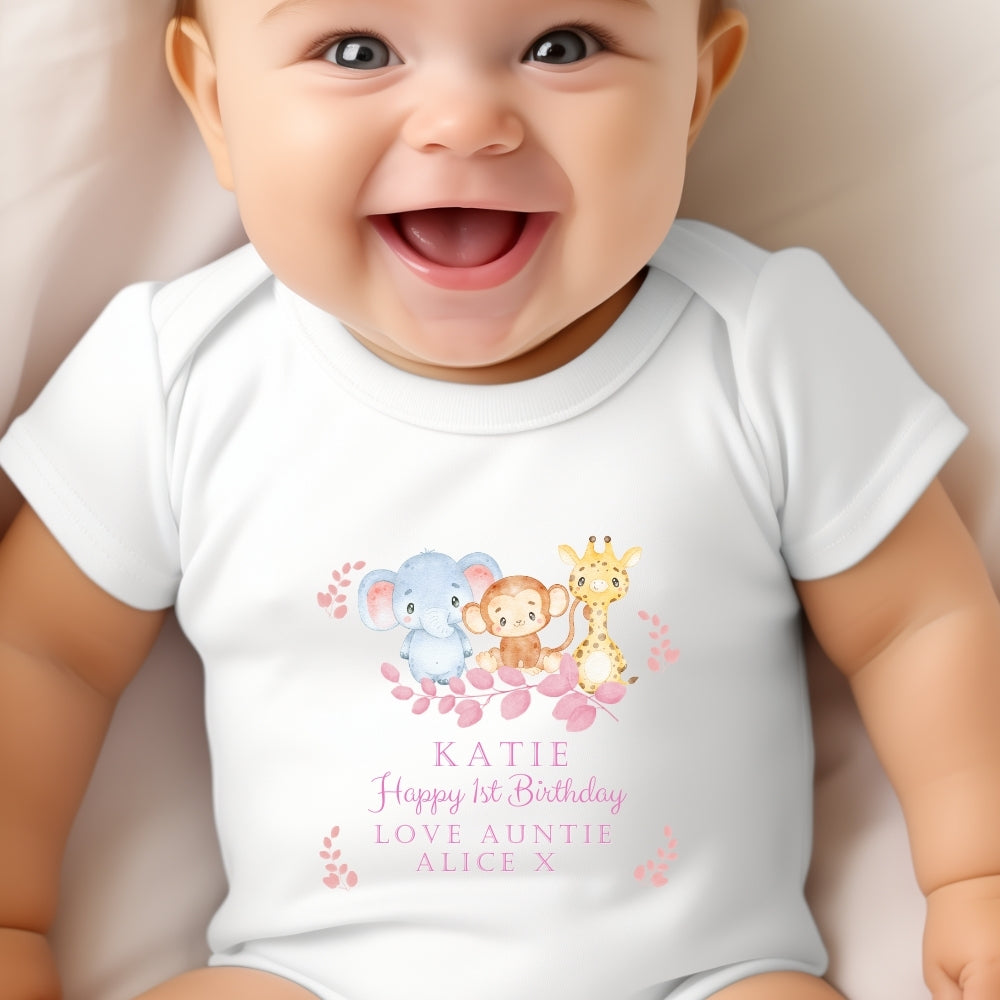 Personalised Animals Girls Birthday Baby Outfit: Bib, Vest, Grow