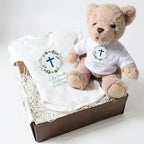 Personalised Green Christening Baby Gift Box - Teddy & Vest