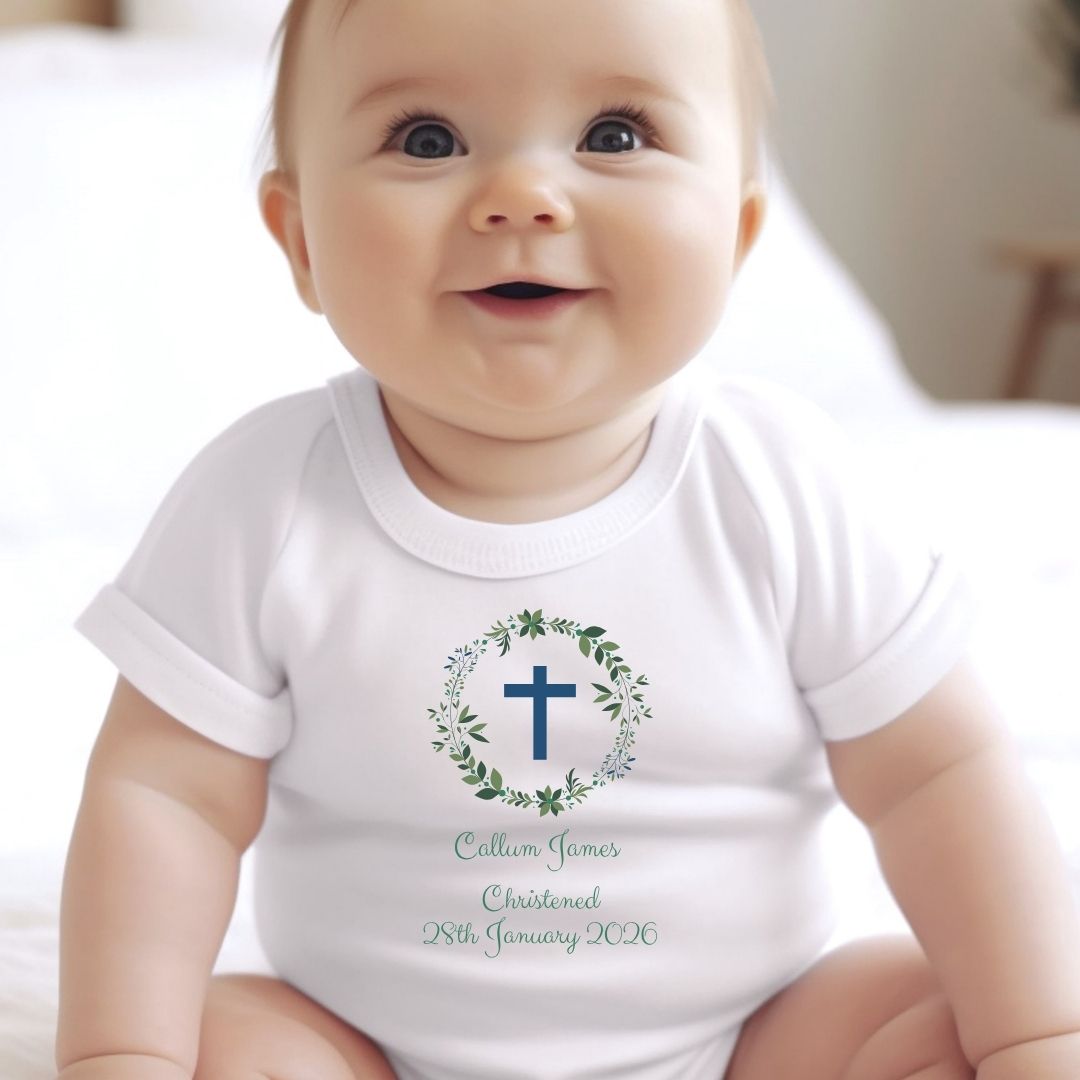 Personalised Green Christening Baby Grow, Vest or Bib with Name
