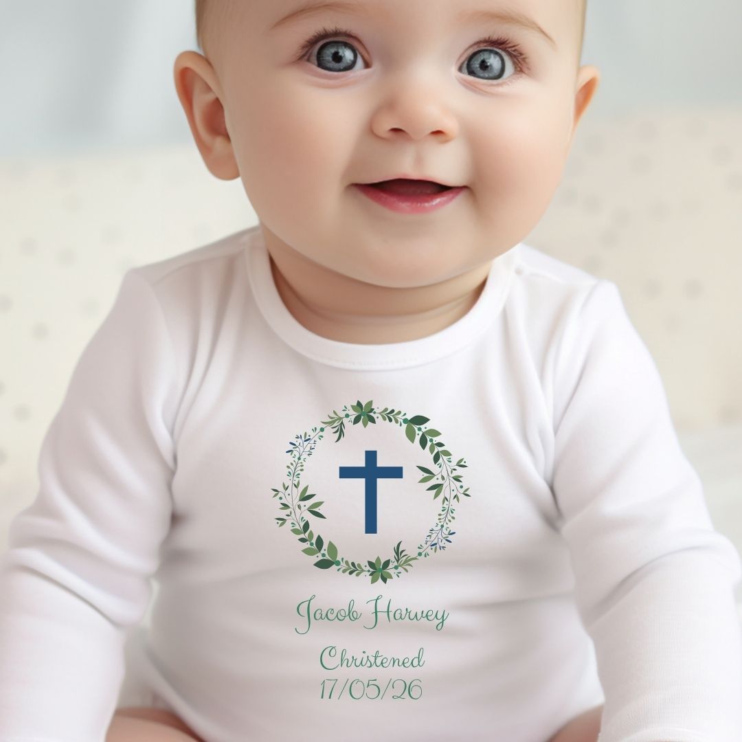 Personalised Green Christening Baby Grow, Vest or Bib with Name