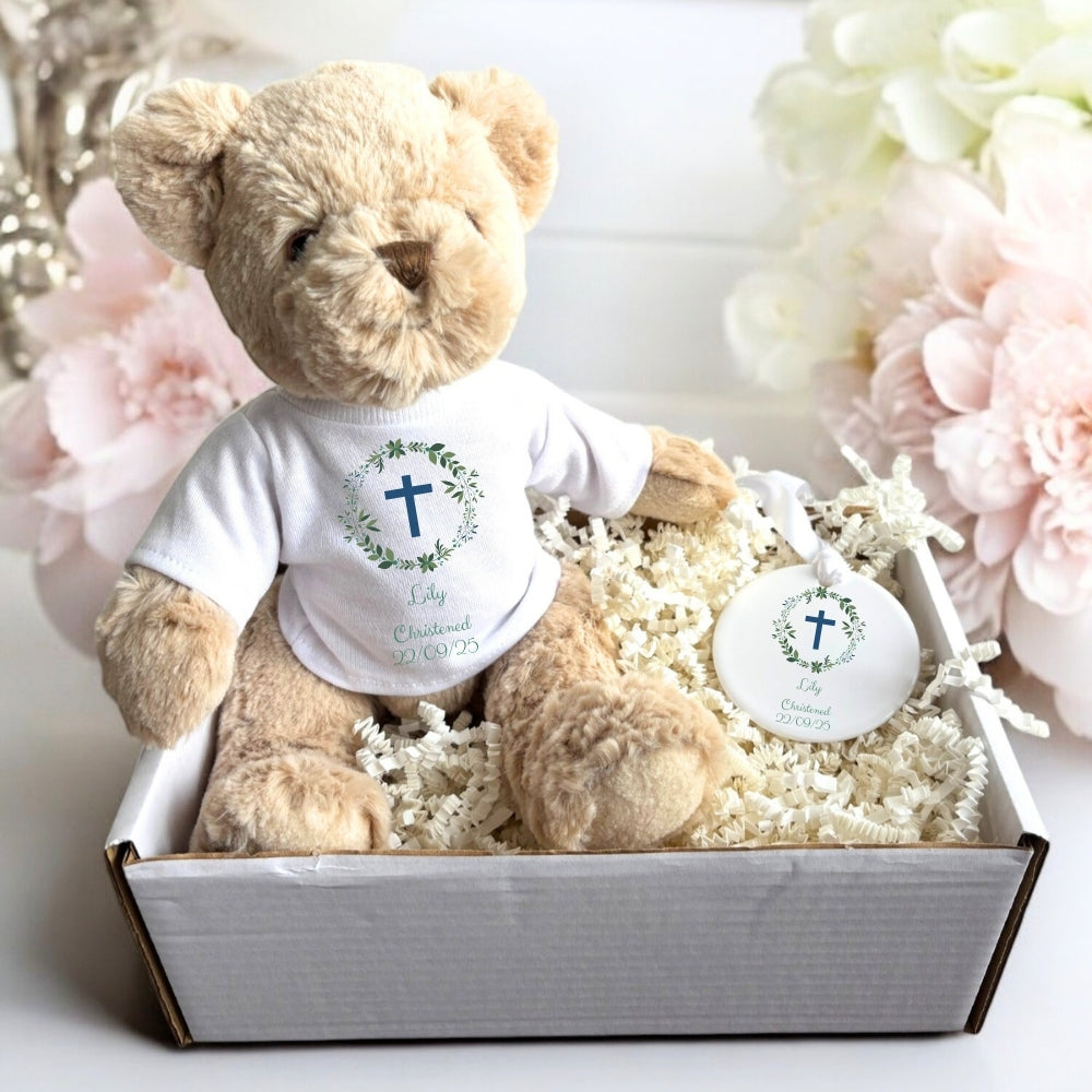 Personalised Christened Teddy & Ceramic Gift Hamper-Baby Girl or Boy UK