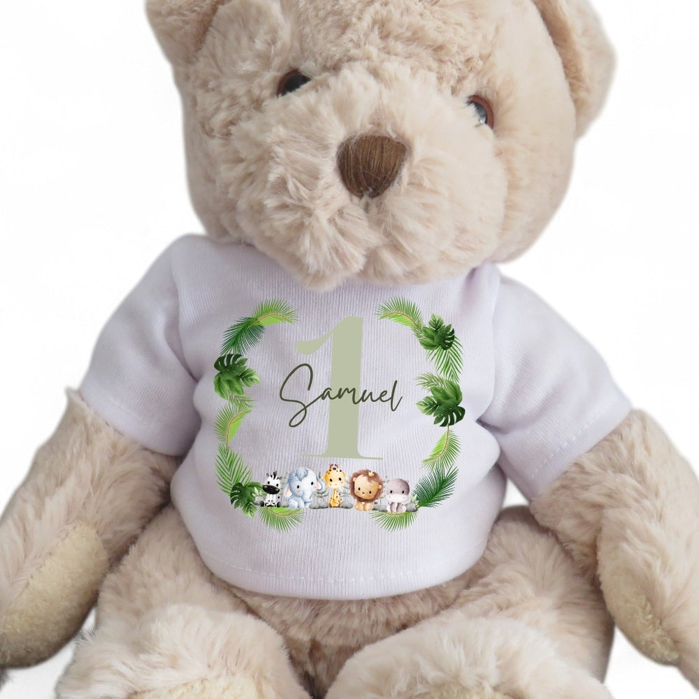 Personalised Luxury Teddy Bear Green Boys 1st Birthday T-shirt  | New Baby Boys Present