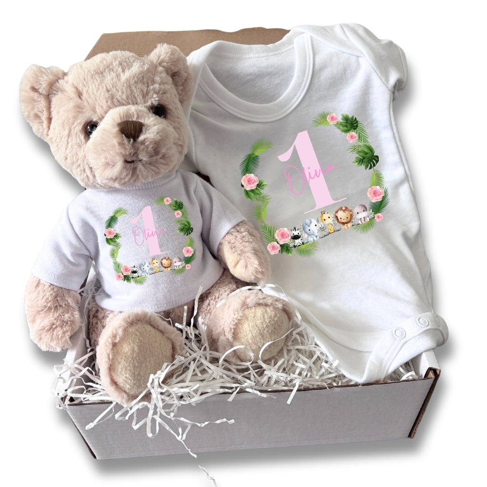 Personalised Pink Girls 1st Birthday Baby Gift Hamper - Teddy & Baby Vest