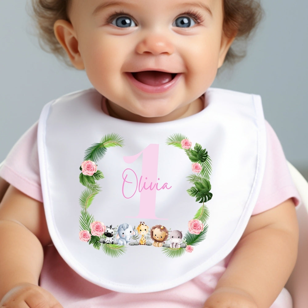 Personalised Pink 1st Birthday Jungle Animals Baby Outfit: Bib, Vest, Baby Grow