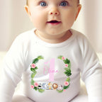 Personalised Pink 1st Birthday Jungle Animals Baby Outfit: Bib, Vest, Baby Grow